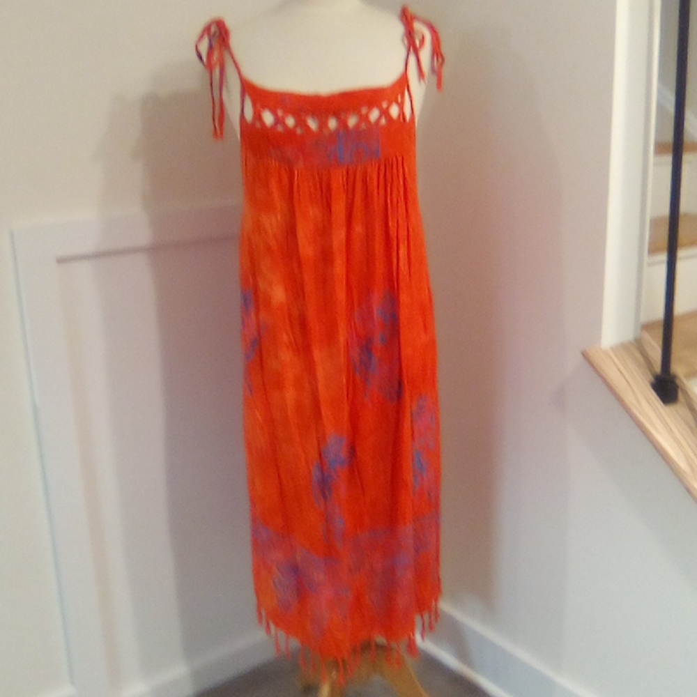 Beautiful Batik Dyed Orange and Blue Maxi Dress
